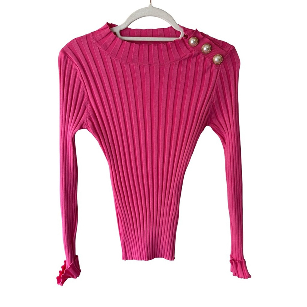 Drole de Copine Pink Ribbed Crew Neck Sweater Size S Chic Pearl Button French